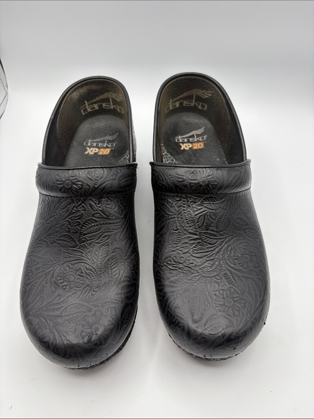 Dansko XP 2.0 Size 10 Black Embossed Floral Leather Clogs